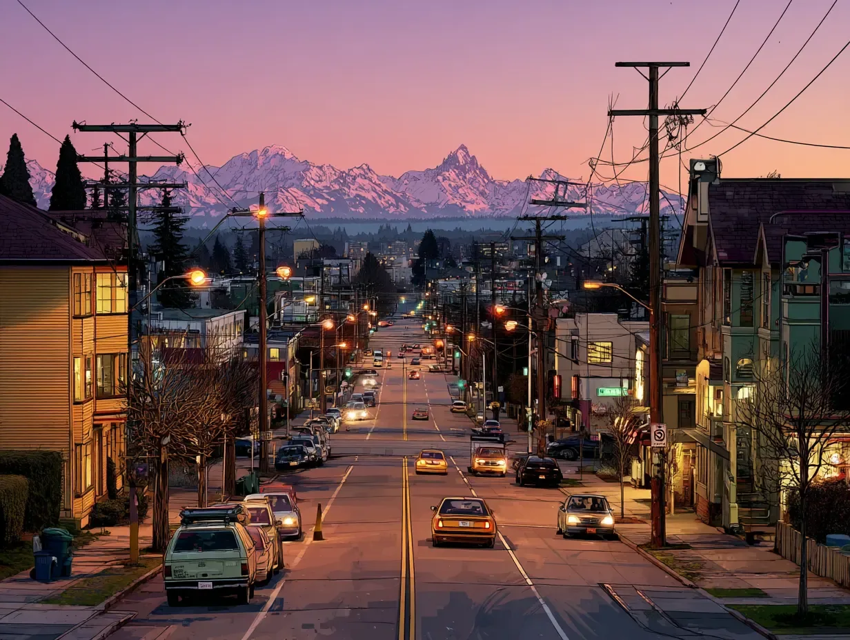 A Renton street at dusk with the Cascade foothills behind