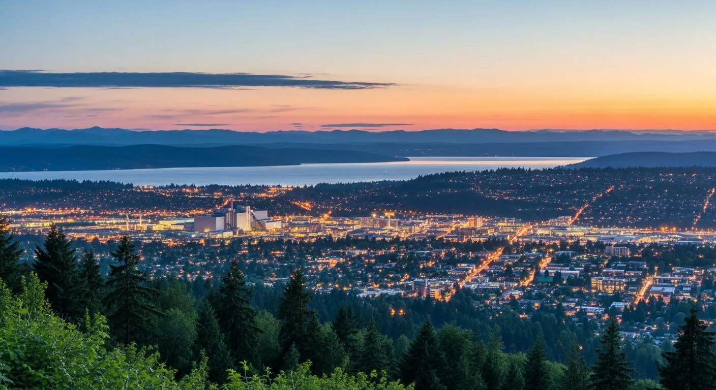 Renton, Washington and Lake Washington at dusk
